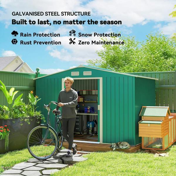 Green metal garden shed exterior with open double doors and ventilation vents