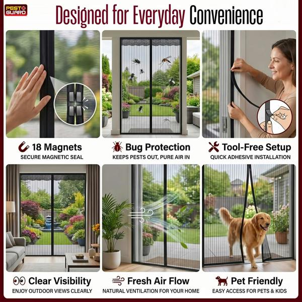 Pest Guard Magnetic Fly Screen Door 210x100cm Fly Net for Door with 18 Magnets, Full Frame Magic Tape, Self-Sealing Bug Mesh Curtain