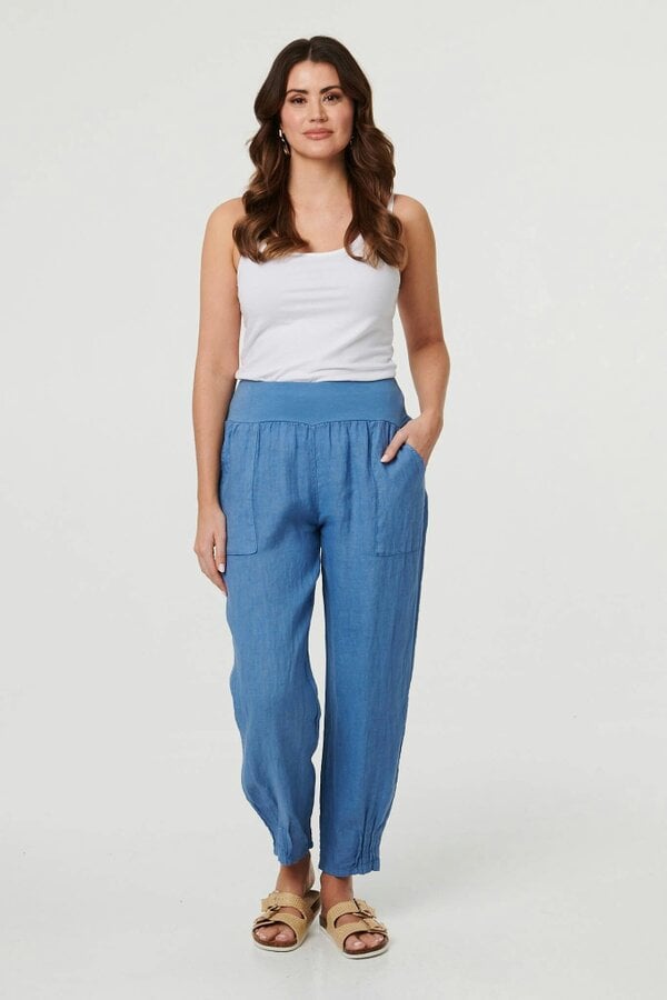Izabel London Relaxed Linen Blend Tapered Trousers - Blue