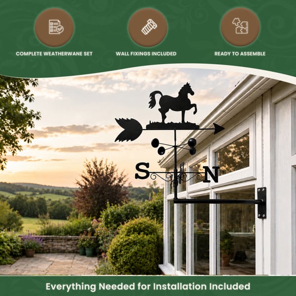 Horse Steel Weathervane, Black Painted All-Steel Weather Vane With Wall Fixings and 1.7m Ground Spike, Wind Speed Cups