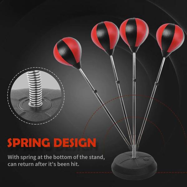 Spring return free-standing boxing stand with red-and-black punching ball and coil spring