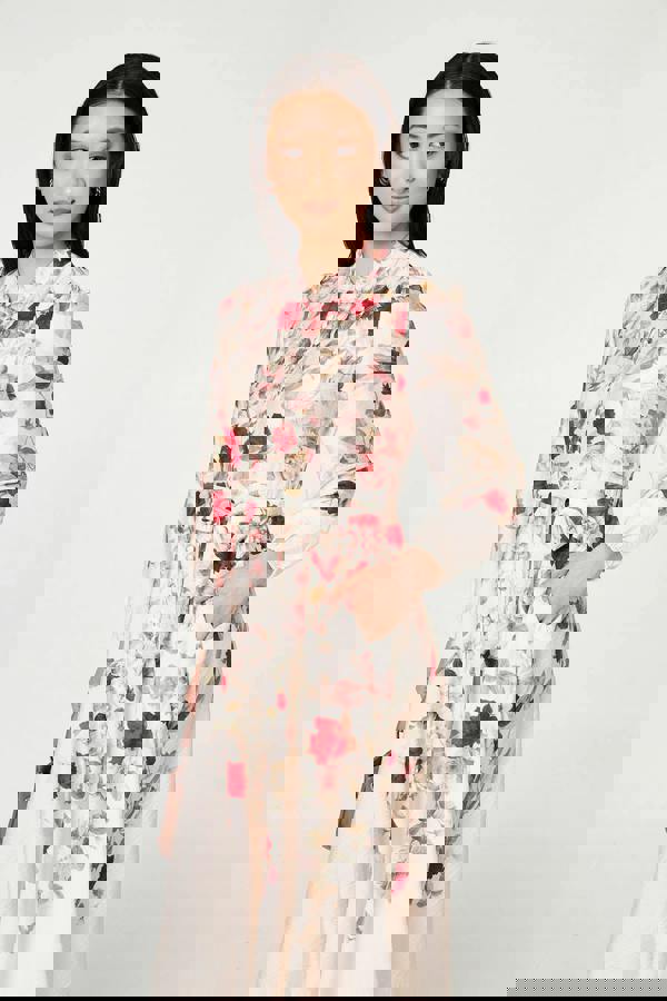 White | Floral Tie Waist Long Sleeve Midi Dress