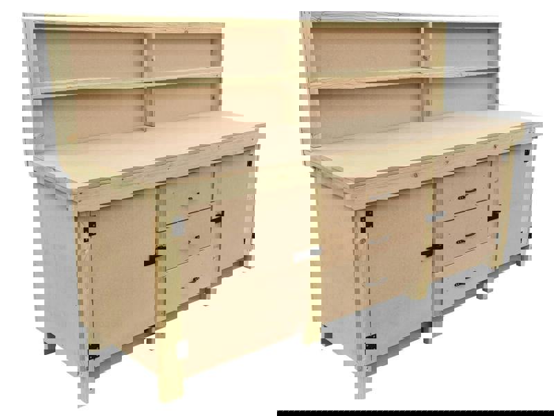 Arbor Garden Solutions Wooden work bench with drawers and double lockable cupboard (V.8) with back panel