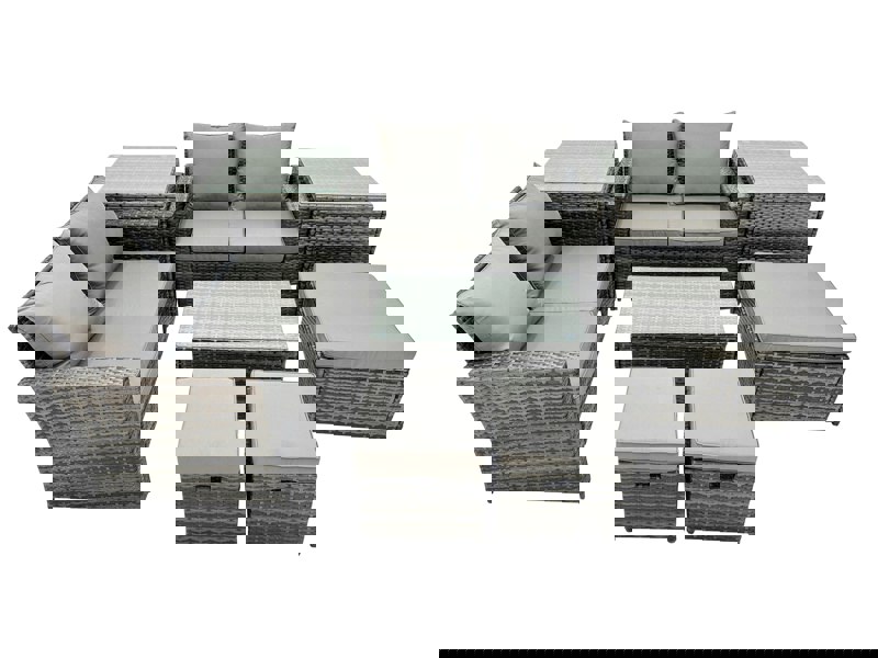 Fimous PE Rattan Garden Furniture Set Lounge Double Seat Sofa Coffee Table Set with 2 Side Tables 3 Stools Dark Grey MixedMixed