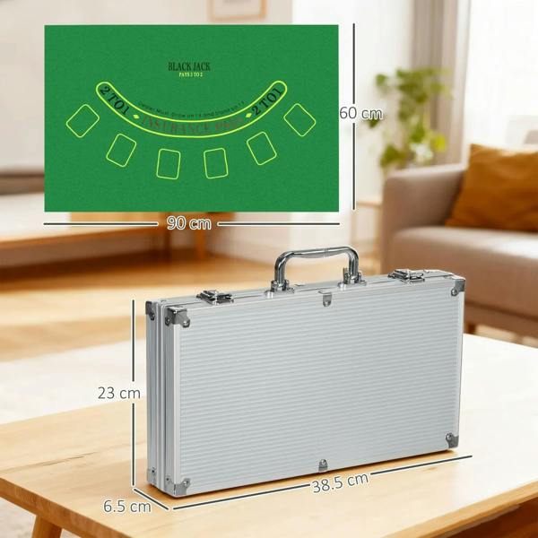Silver aluminum poker chip carrying case with metal handle on a tabletop