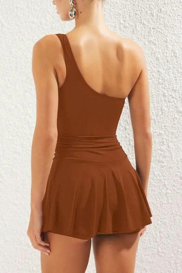 WOVCOR One-Shoulder Covered Short Skirt Basic Swimsuit