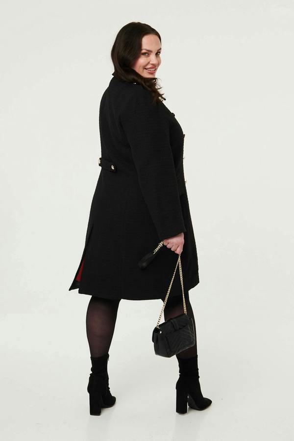 Black | Curve Textured Knit Button Front Trench Coat