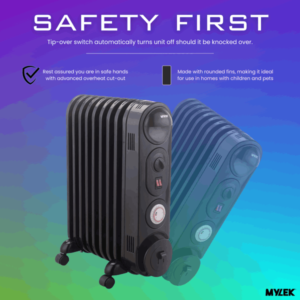 Mylek Oil Filled Radiator Electric Heater, Portable, Thermostat and 24hr Timer, Black 2000W