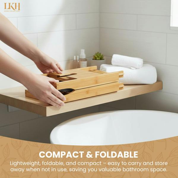 LKH HOME COLLECTION LKH Expandable Bamboo Bath Tray Caddy - Bathtub Rack with Wine Glass Holder, Mobile, Tablet & Book Stand - Retractable & Foldable