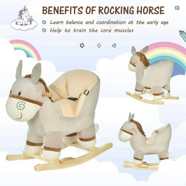 Grey plush donkey rocking toy with padded seat and wooden runners, side and front
