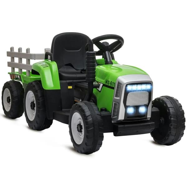 Green ride-on tractor with front LED headlights and black seat, detachable trailer rack