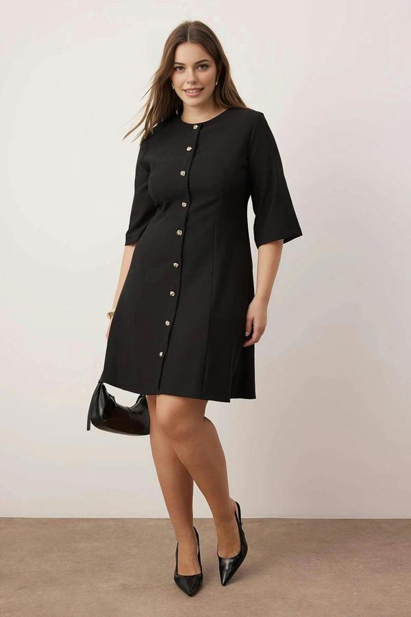 WOVCOR Mini Woven Plus Size Dress with Gold Buttons