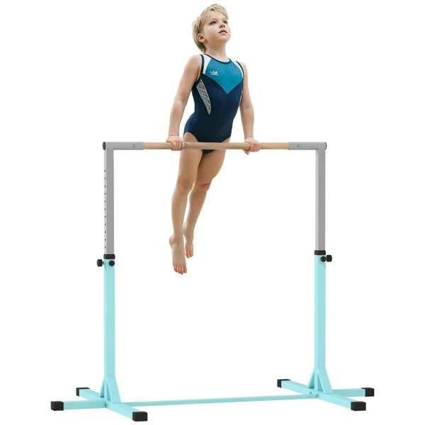 Light blue kids gymnastics horizontal bar with height-adjustable frame and padded feet