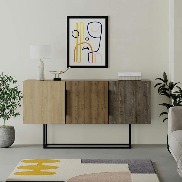 Decortie Tontini Modern Console Sideboard Display Unit with 3 Cabinets and Shelves Oak Dark Oak Effect Dark Coffee 150cm