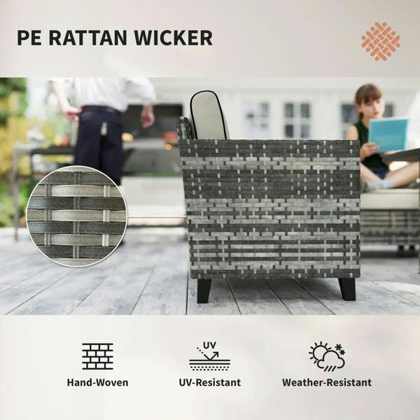 Grey PE rattan wicker armchair with woven pattern; UV and weather resistant