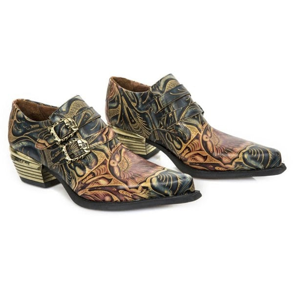 New Rock M-7960-s14 Embossed Vintage Shoes Black Leather Buckle Steel Heel