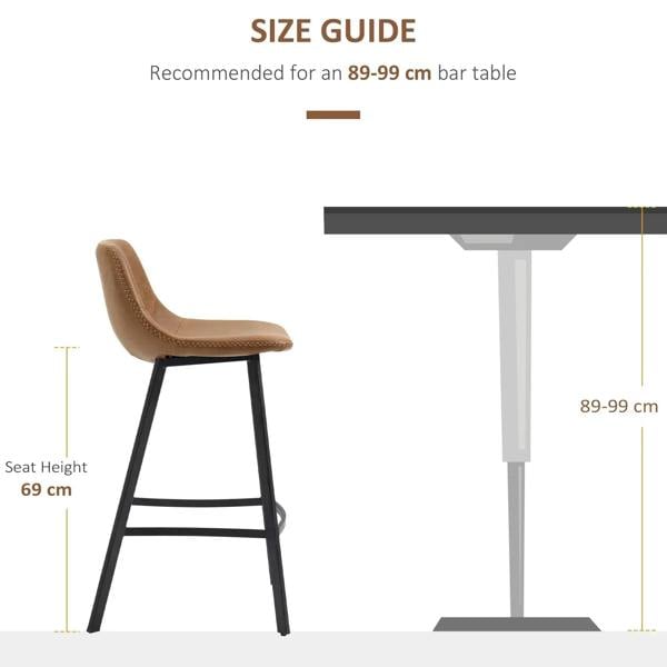Tall brown bar stool with black legs, size guide shown for bar height