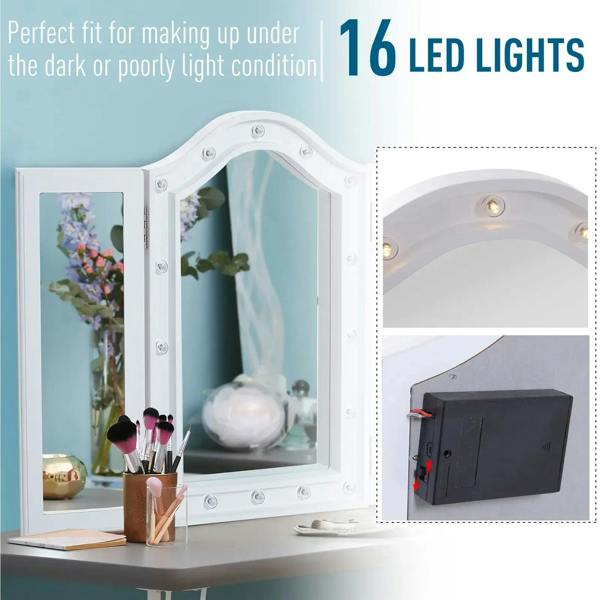 White tri-fold mirror with arched center glass and inset LED lights, front and close-up