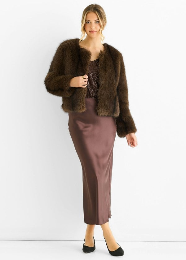 Gini London Coffee Round Neck Faux Fur Cropped Jacket