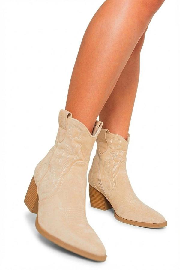 Laura Suede Cowboy Ankle Length Boots - Beige_wb