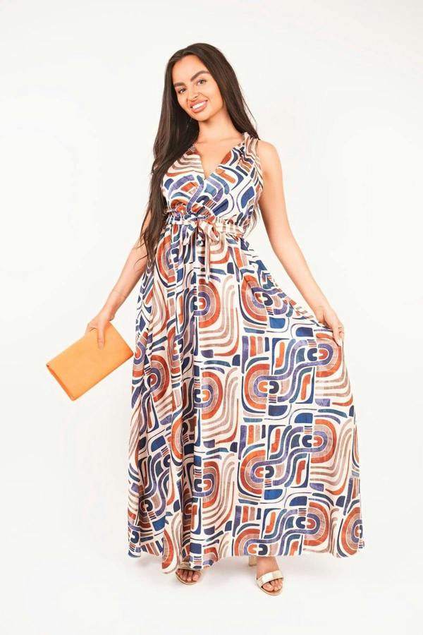 Nalani V Neck Sleeveless Maxi Dress With Tie Waist - Beige