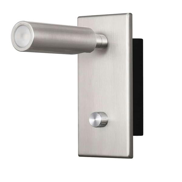 brushed nickel dimmable reading lamp with light head pointing out at full extension