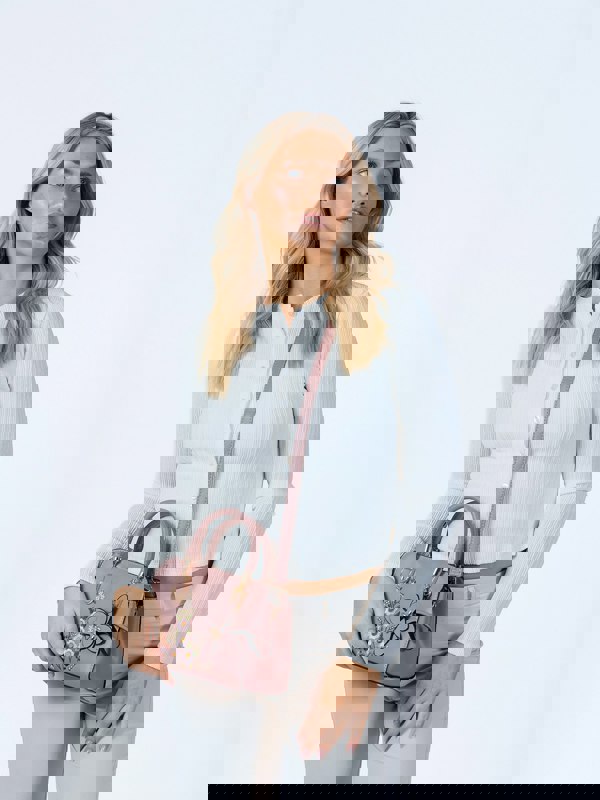 SVNX Embroidered Floral Rounded Grab Bag in Pink