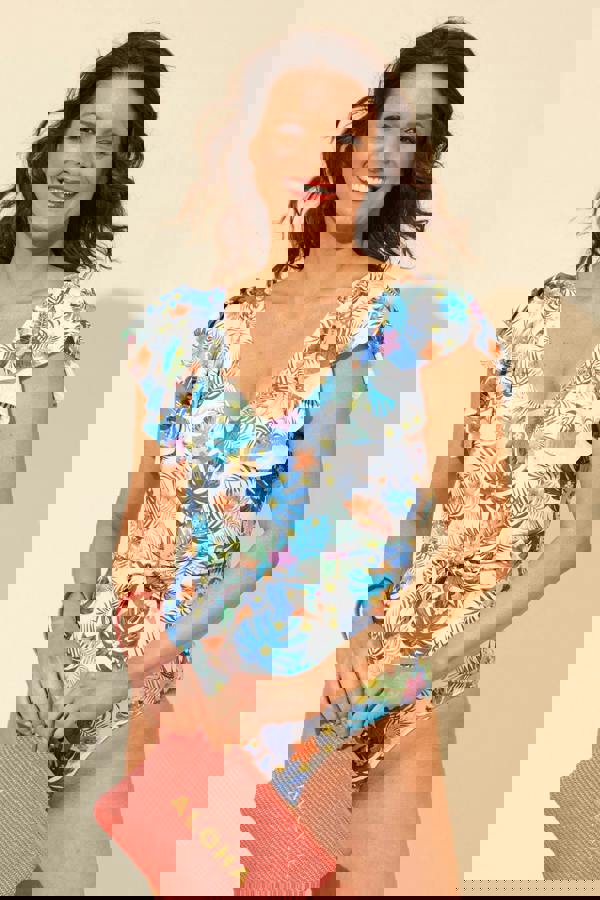 Beachcomber Fluted Sleeve Tie Belt Swimsuit Tropical Floral