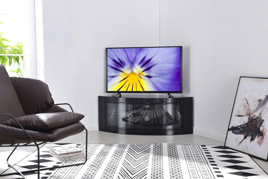 Centurion Supports PANGEA Gloss Black Beam-Thru Curved Tru-Corner 32"-50" TV Cabinet
