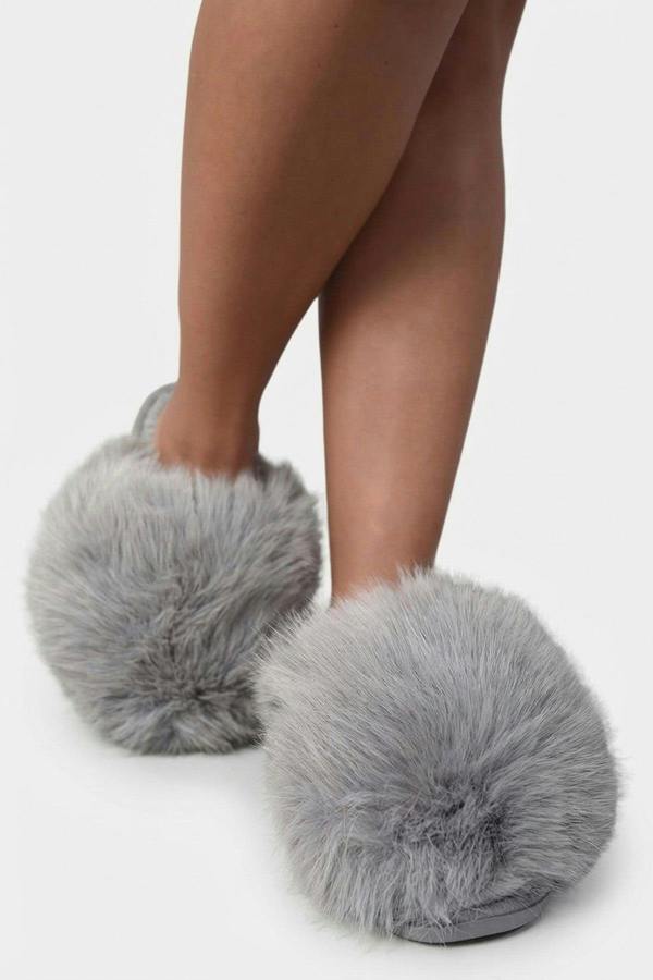 Mildred Fluffy Faux Fur Winter Sandals - Grey_wb