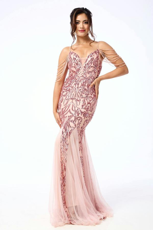 LuvForever Enora - Pink Jewelled Shoulder Sequin Maxi Dress