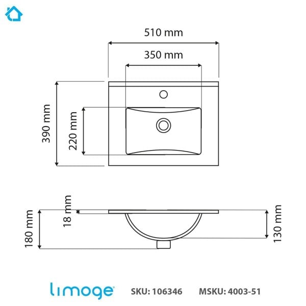 Limoge 4003 Ceramic 51cm Thin-Edge Inset Basin with Deep Scoop