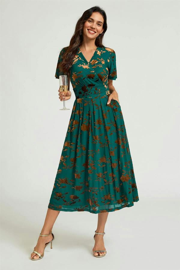 FS Collection Velvet Flock Short Sleeve Midi Dress In Jade Green