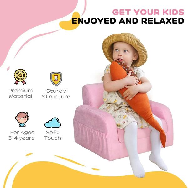 Pink kids armchair with a child seated, soft padded backrest and rounded armrests