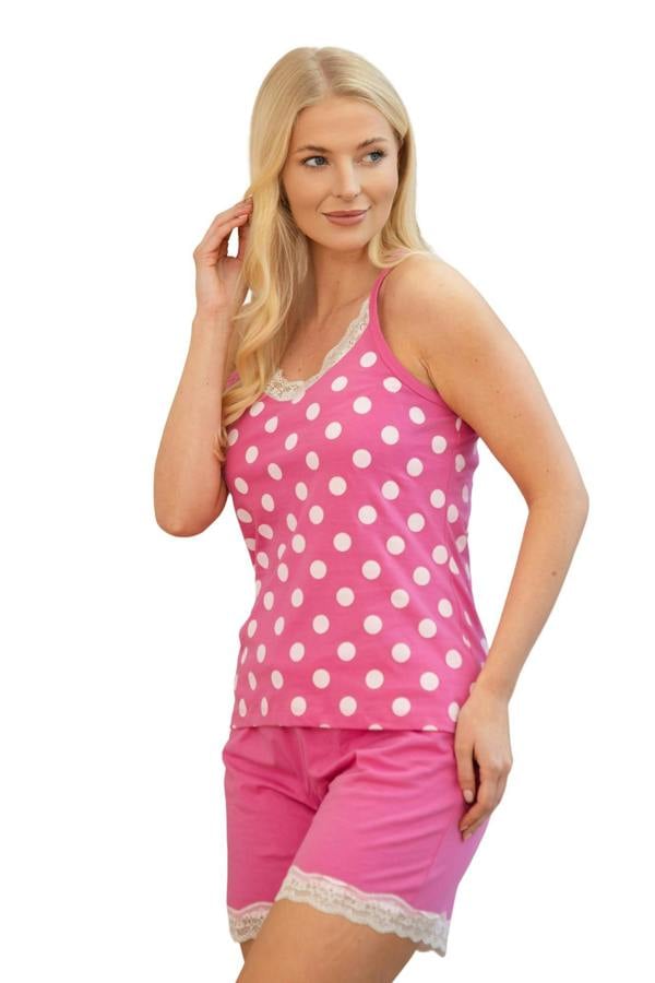 Women's Lightweight Spot Printed Cotton Sleeveless Top Pyjama Set with Elasticated Waist and Lace Detailing