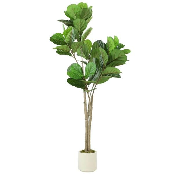 Green artificial ficus tree with broad leaf foliage in white pot