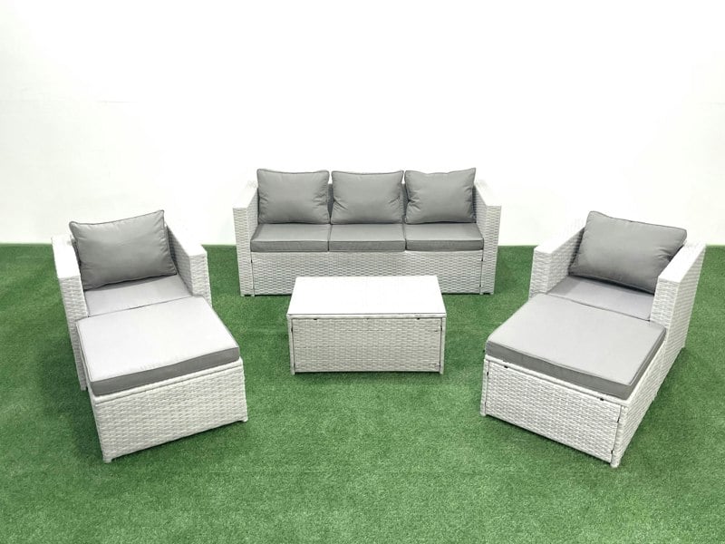 Fimous 7 Seater Rattan Garden Furniture Set with 3 Seater Sofa 2 Chair Rectangular Coffee Table 2 Big Footstools Light Grey Mixed