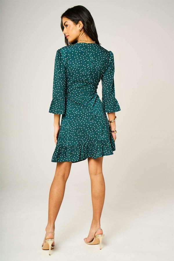 FS Collection Little Dot Print Frill Detail Mini Dress In Green