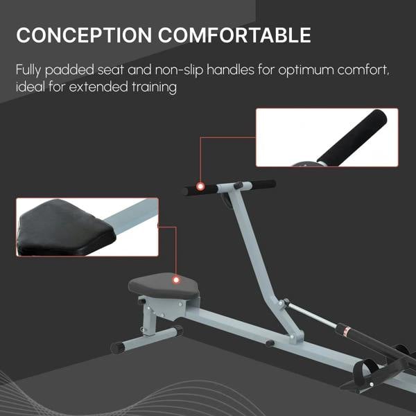 Grey rowing machine with fully padded seat and non-slip handles for comfortable training