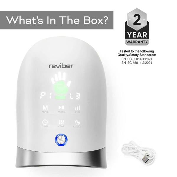 A white Reviber Hand Spa Massager with Heat & Finger Stretch, featuring an intuitive display, buttons, and a blue light, is shown next to a matching white USB cable. Text emphasizes the 2-year warranty and listed safety standards, making this deep tissue hand spa massager both reliable and easy to use.