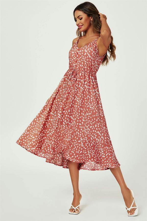 FS Collection Button Down High Low Strappy Dress In Dusty Red
