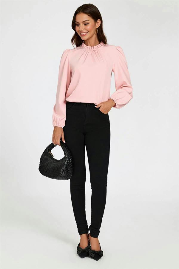 FS Collection Floral Print Frill Detail High Neck Top In Pink