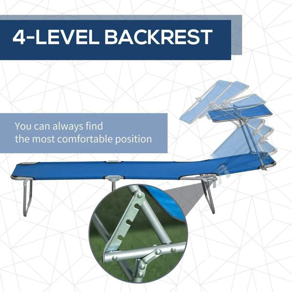 Blue folding sun lounger with 4-level adjustable backrest and metal support legs