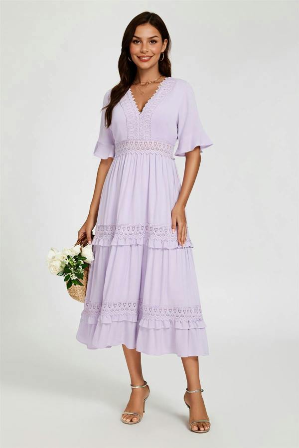 FS Collection V Neck Lace Detail Midi Dress In Purple