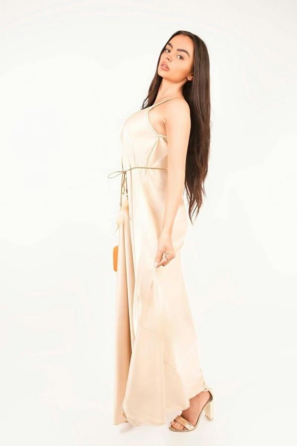 Liora Strappy Maxi Dress With Feather Tie Waist - Beige