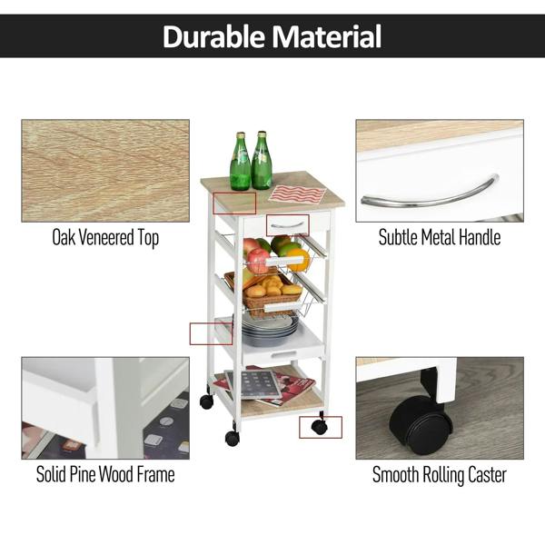 White kitchen trolley materials: oak-style wood top, pine frame, metal handle, casters