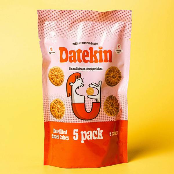 Datekin Original Date snack cakes packaging on a yellow background