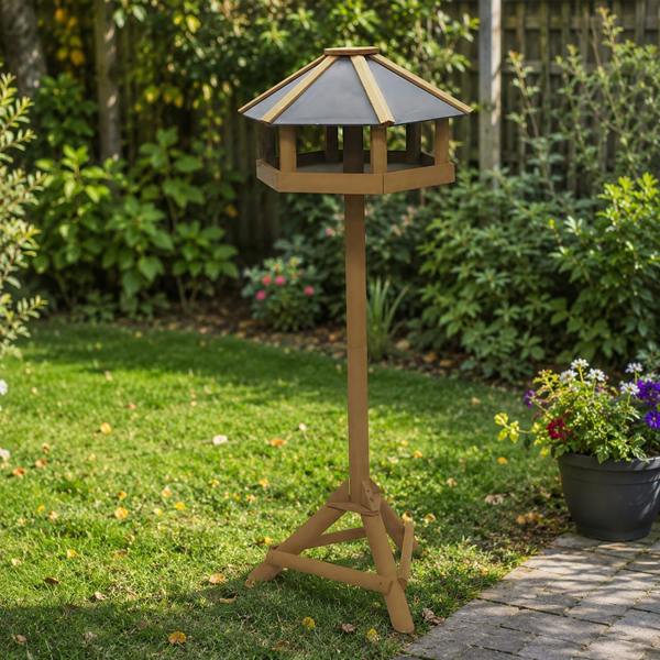 Gr8 Garden Hexagonal Wooden Bird Feeding Station Table with Roof Outdoor Garden Bird Feeder Stand