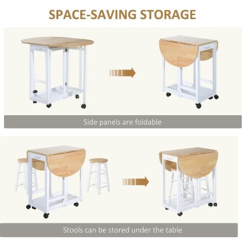 Bobobiy 3 Pieces Dining Room Set, Mobile Foldable Dining Table and 2 Stools with Storage Shelf, 2 Drawers and 6 Wheels, White
