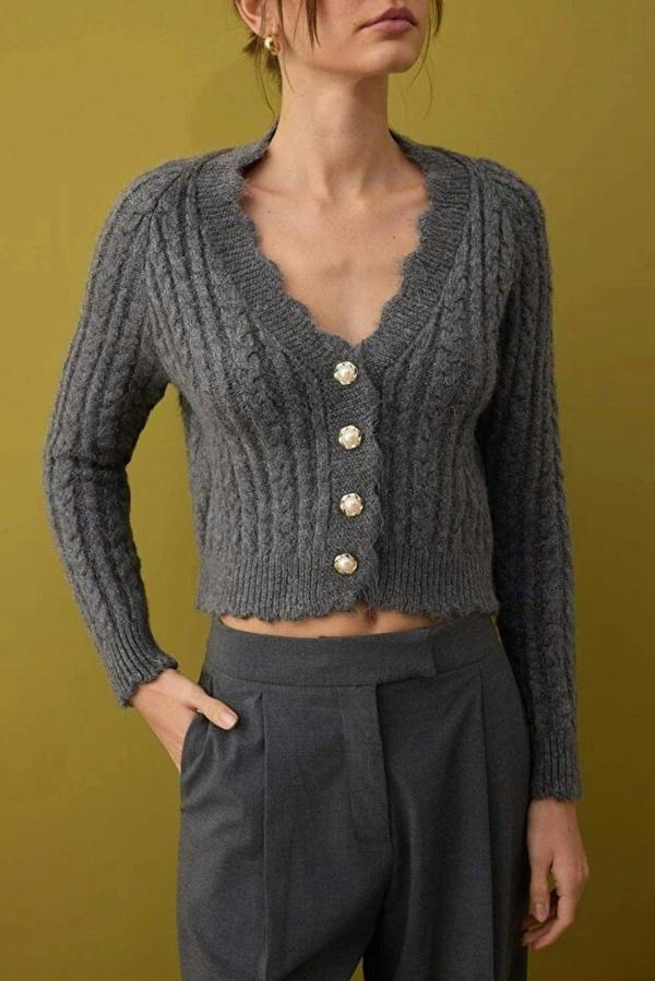WOVCOR Soft Textured Crop Knit Cardigan with Pearl Button Details